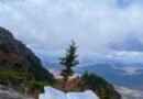 Open Bible resting on a rock overlooking mountains