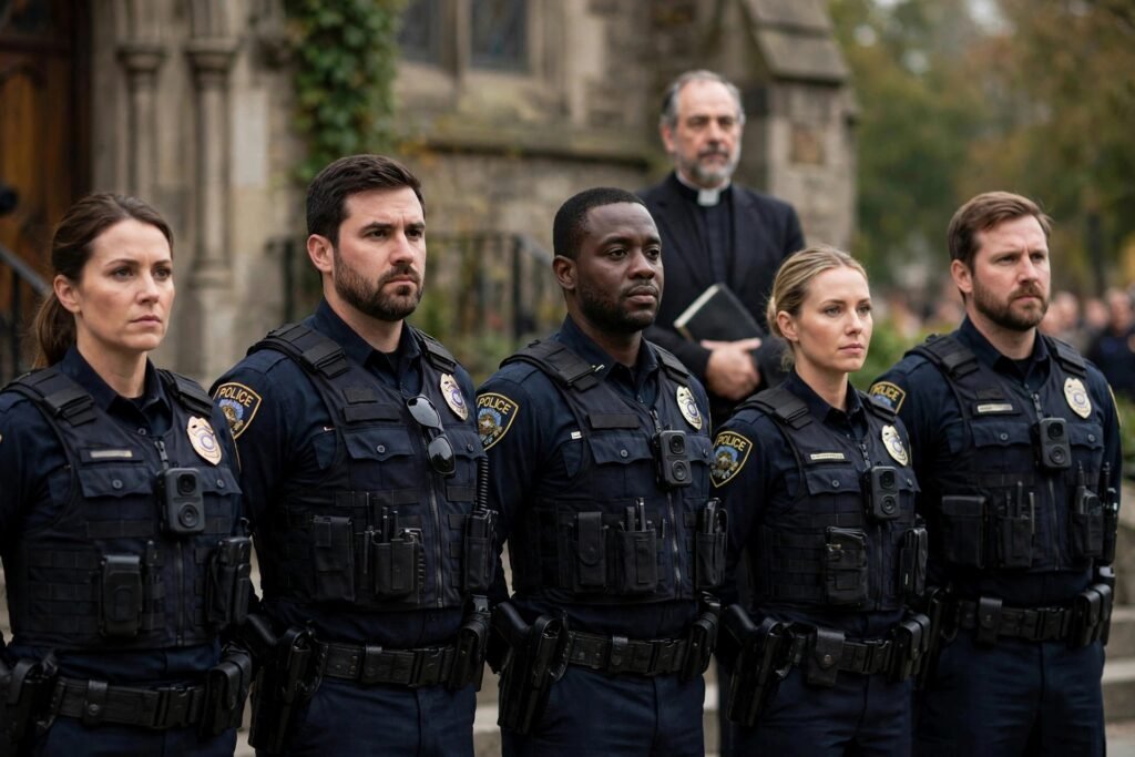 Law enforcement officers standing shoulder to shoulder with a preacher in a white collar standing behind them