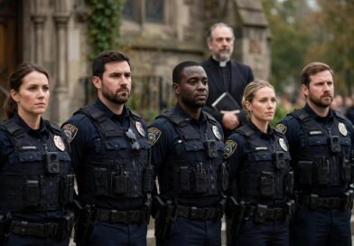 Law enforcement officers standing shoulder to shoulder with a preacher in a white collar standing behind them