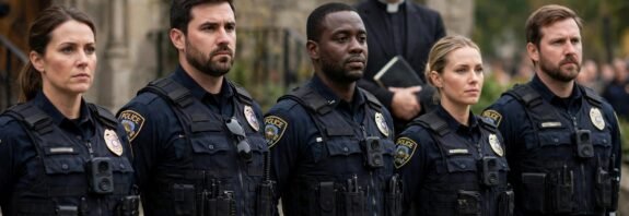 Law enforcement officers standing shoulder to shoulder with a preacher in a white collar standing behind them