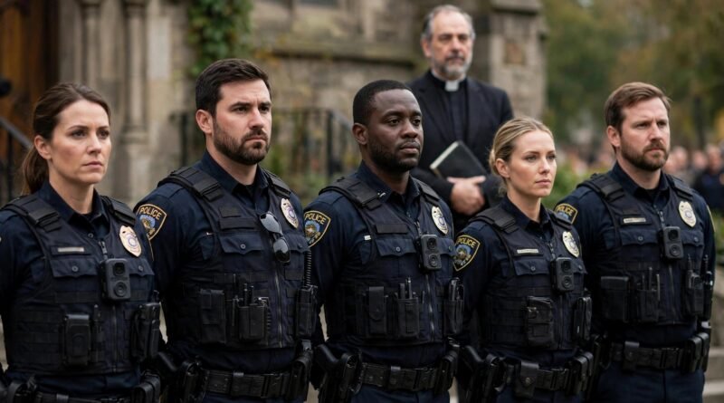 Law enforcement officers standing shoulder to shoulder with a preacher in a white collar standing behind them