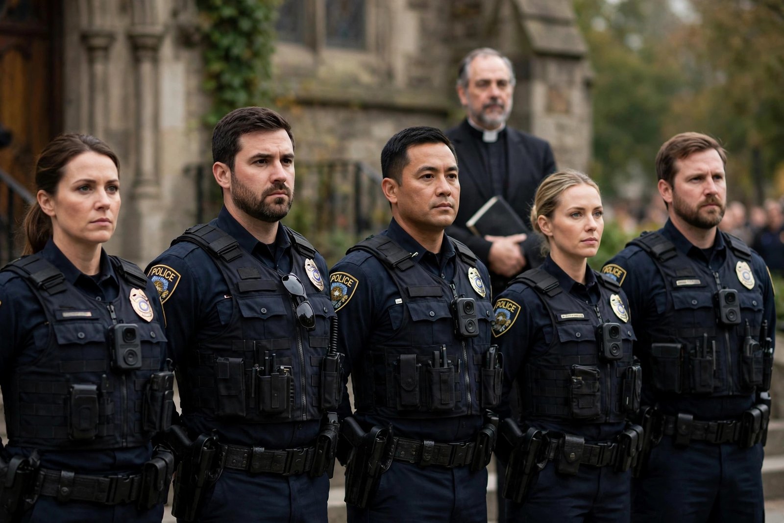 Law enforcement officers standing shoulder to shoulder with a preacher in a white collar standing behind them