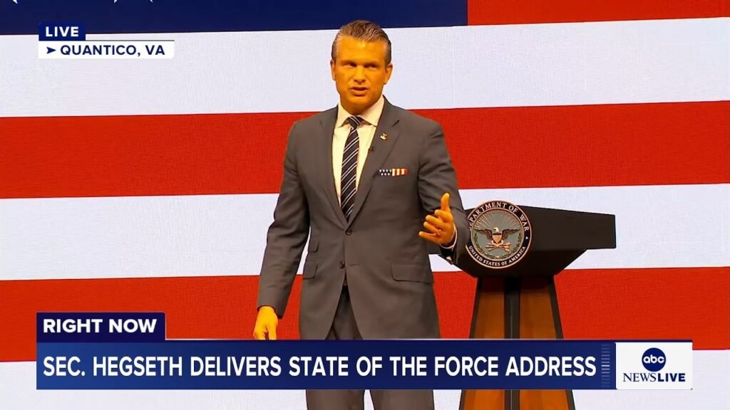 Secretary of War Pete Hegseth delivering the State of the Force address at Marine Corps Base Quantico