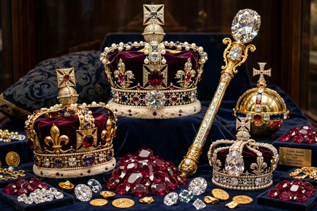 Golden crowns with rubies, diamonds and gold