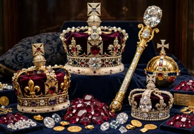 Golden crowns with rubies, diamonds and gold