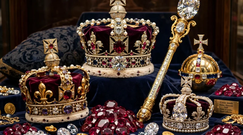 Golden crowns with rubies, diamonds and gold