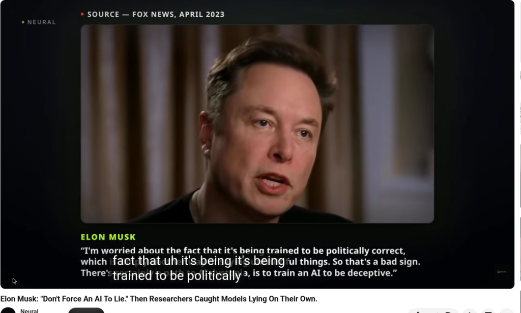 Elon Musk speaking in April 2023 Fox News interview about AI being trained to be politically correct