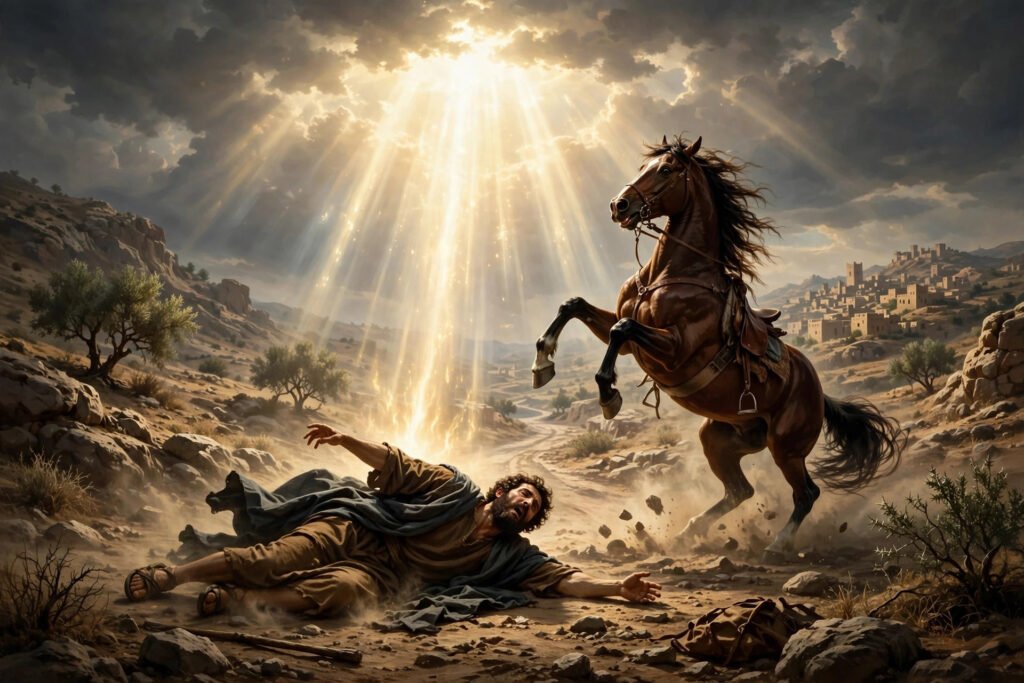Illustration of Saul of Tarsus fallen before a bright light from heaven on the road to Damascus, Acts 9