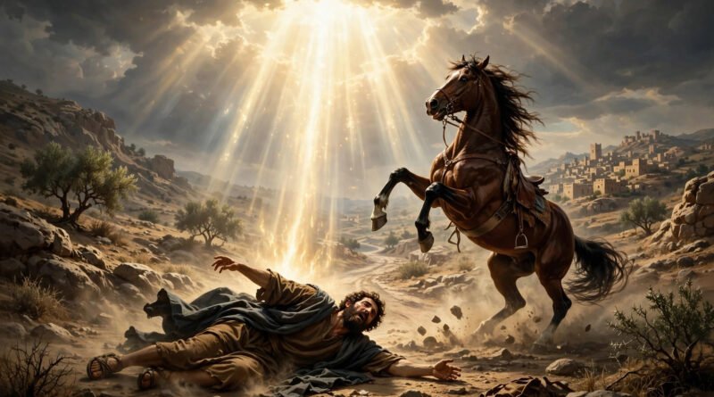 Illustration of Saul of Tarsus fallen before a bright light from heaven on the road to Damascus, Acts 9