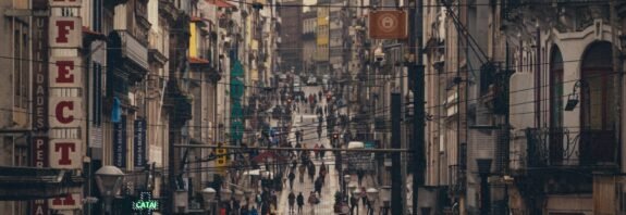 A crowd in a narrow street