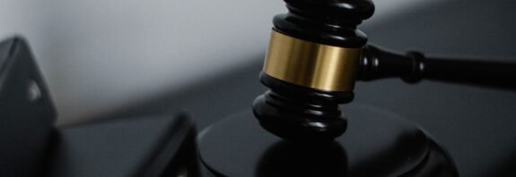 A judge's gavel in a courthouse