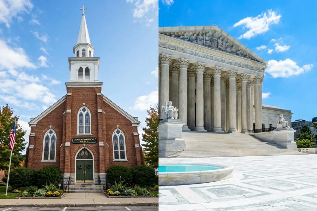 An evangelical church and the U.S. Supreme Court building (illustration created for BCNN1)