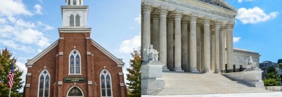 An evangelical church and the U.S. Supreme Court building (illustration created for BCNN1)