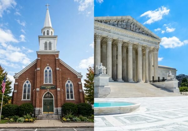 An evangelical church and the U.S. Supreme Court building (illustration created for BCNN1)