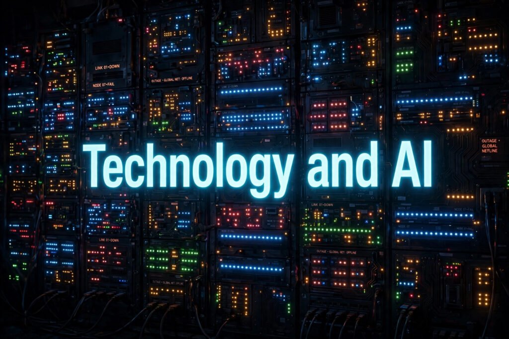 Blinking server lights with the words 'Technology and AI' (illustration created for BCNN1)