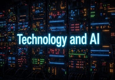 Blinking server lights with the words 'Technology and AI' (illustration created for BCNN1)