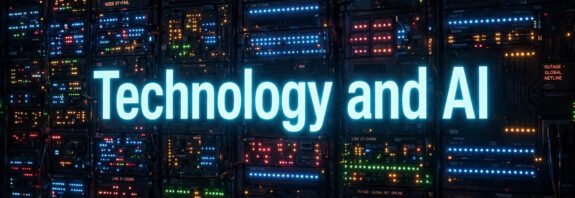 Blinking server lights with the words 'Technology and AI' (illustration created for BCNN1)