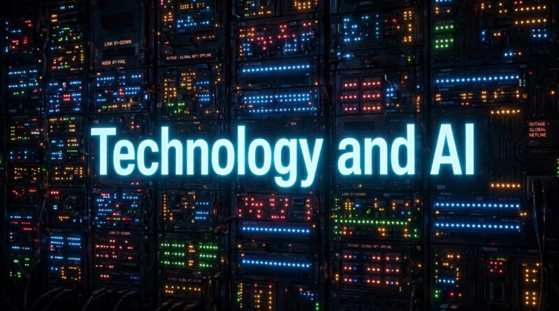 Blinking server lights with the words 'Technology and AI' (illustration created for BCNN1)